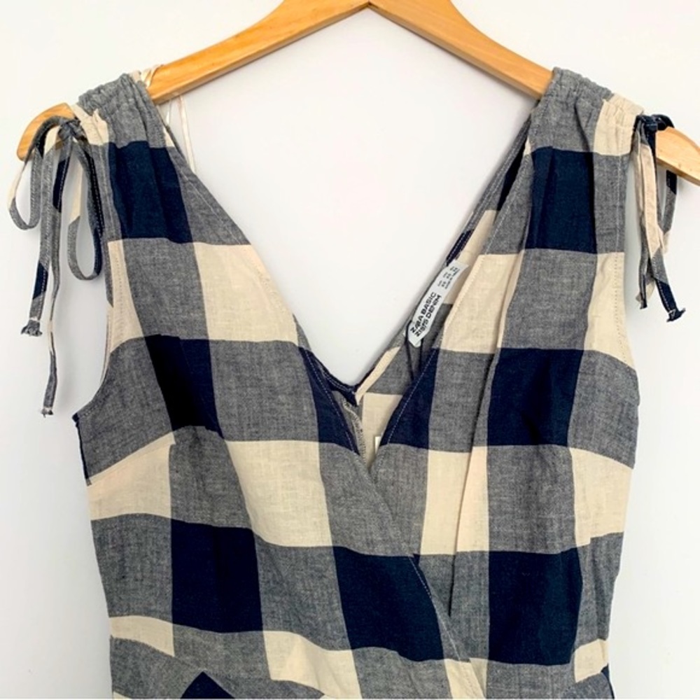 Western Casual Plaid V Neck Sleeveless Tie Wrap Sun Mini Dress in Blue, Tan (XS)